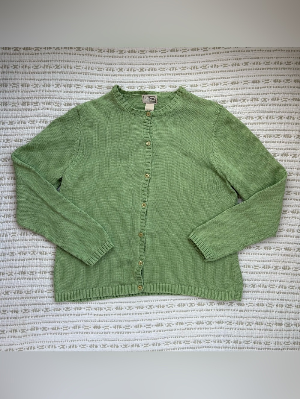 Vintage L.L.Bean Green 100% Cotton Knit Crew Neck Cardigan Sweater Women’s L